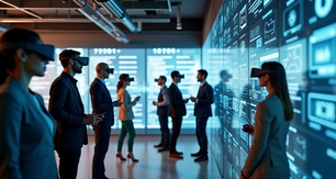 Equipo de trabajo virtual interactuando con IA